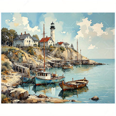 Coastal Lighthouse DIY Paint by Numbers Kit - Seaside Harbor Boat Painting