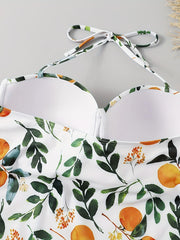  Leaf Print Halter Neck Backless Swimsuit