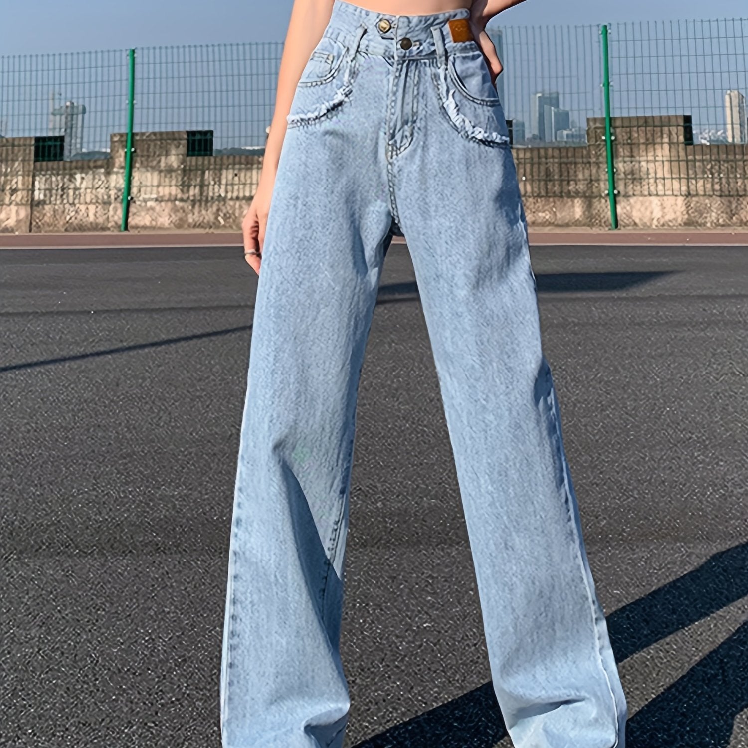 High Waist Loose Fit Straight Jeans Non Stretch High Rise Denim Pants
