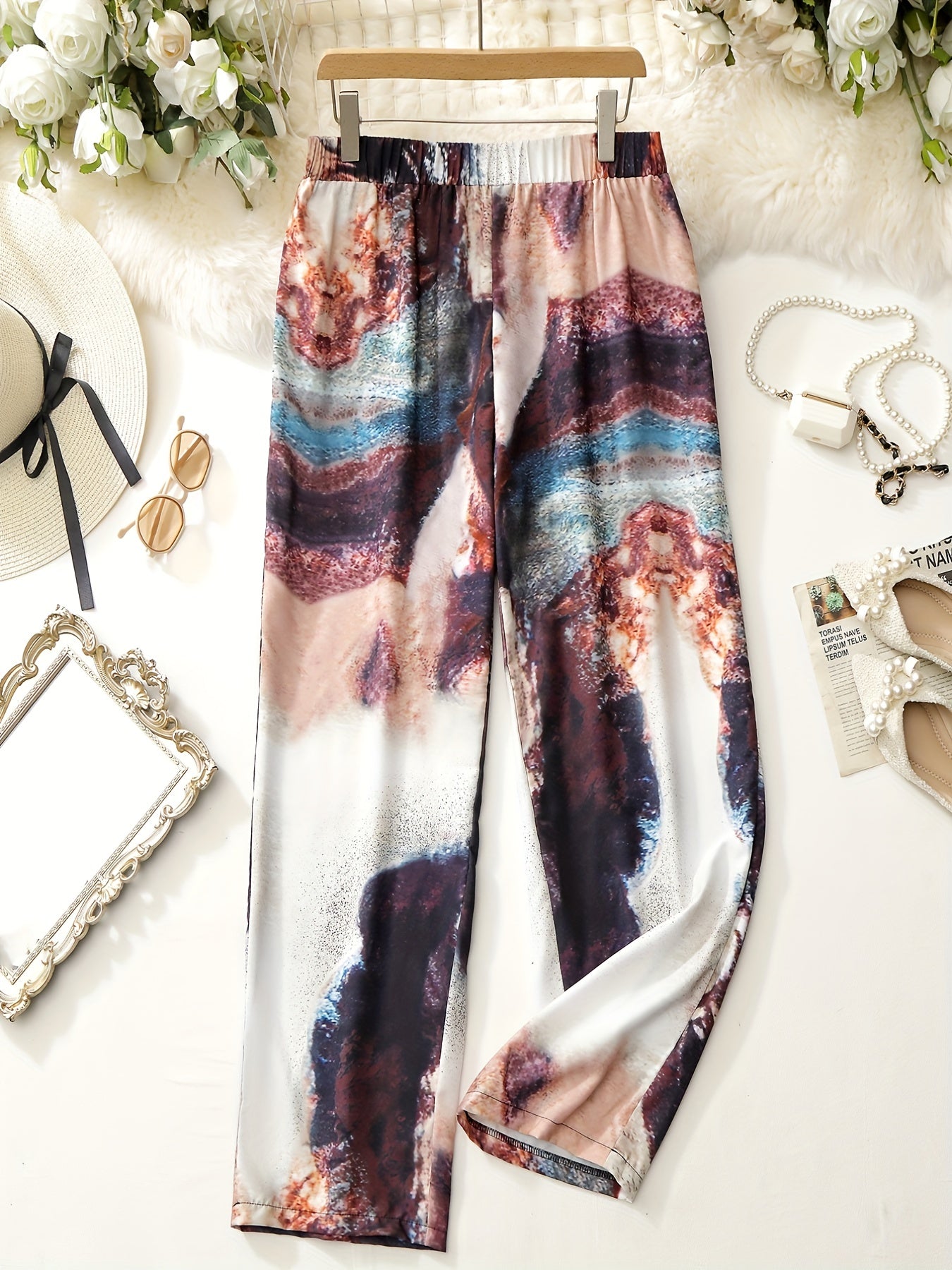 Women's Plus Marble Print High Rise Straight Leg Trousers