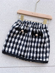 Girl's Houndstooth 2pcs Button Front Coat & Skirt Set Outfits