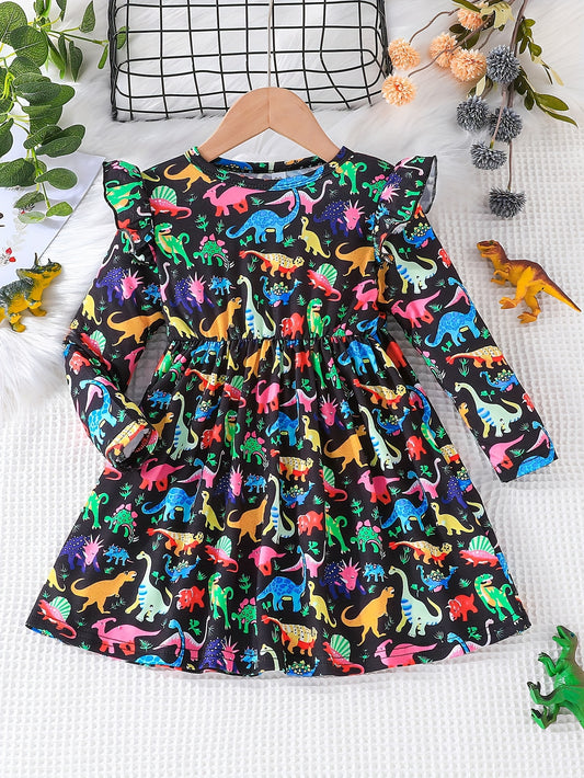 Stylish Dinosaurs Full Print Long Sleeve Dress For Girls