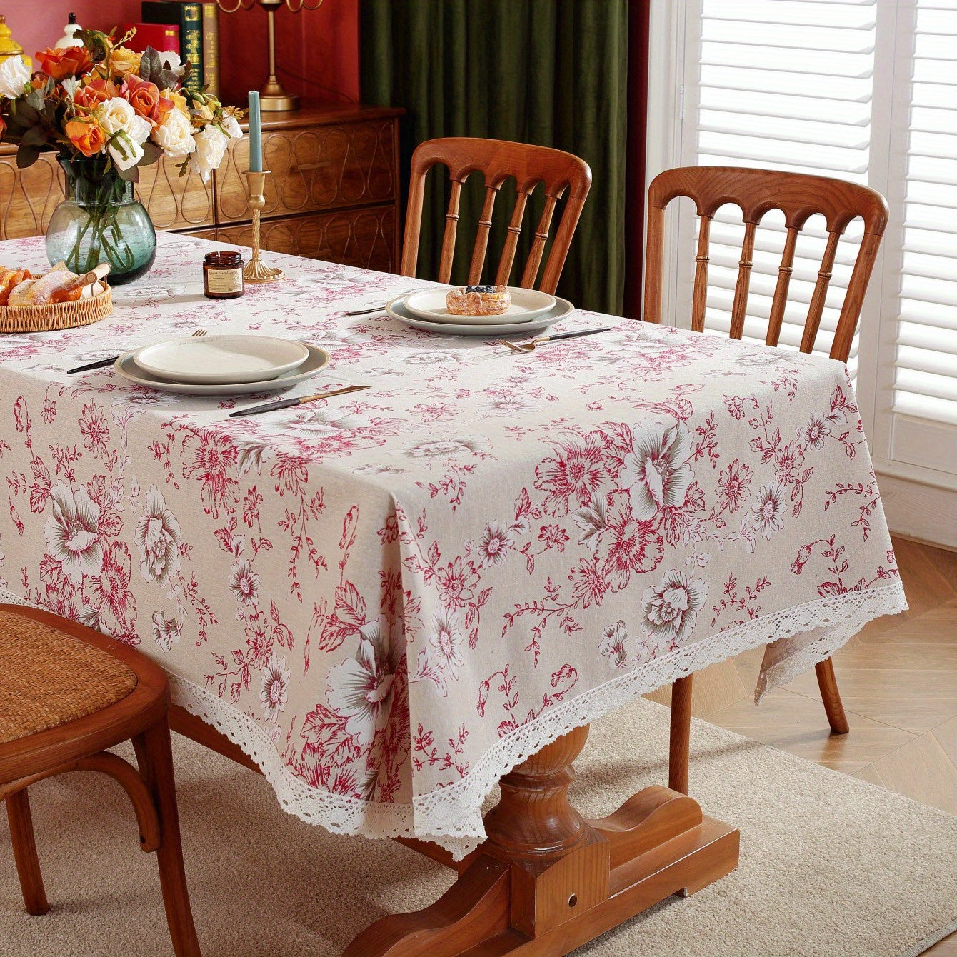 Vintage Peony Flower Lace Macrame Tablecloth