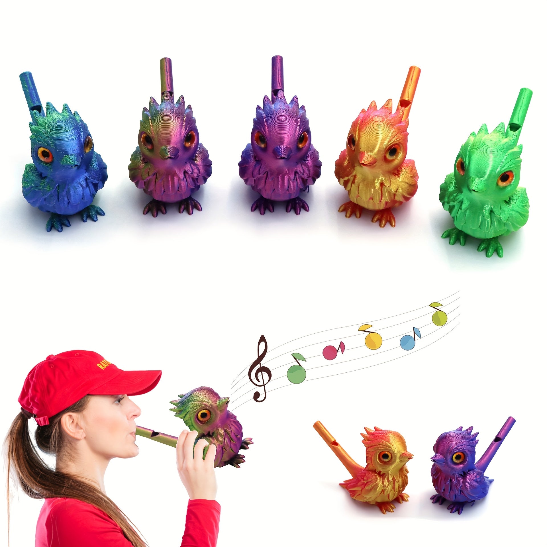 Colorful 3D Printed Whistling Bird Figurines with Realistic Eyes
