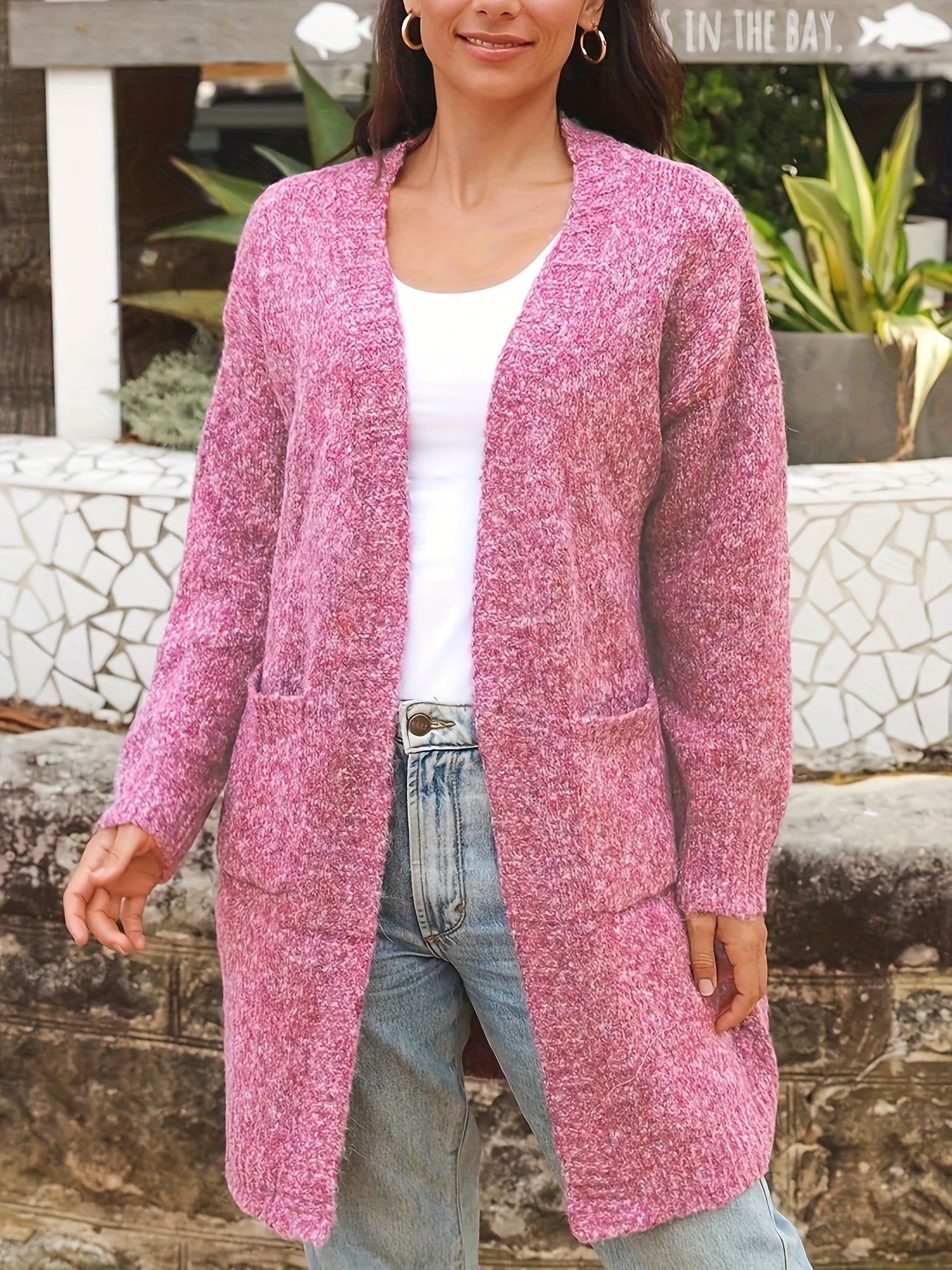  Solid Knitted Long Sleeve Open Front Cardigan With Pockets