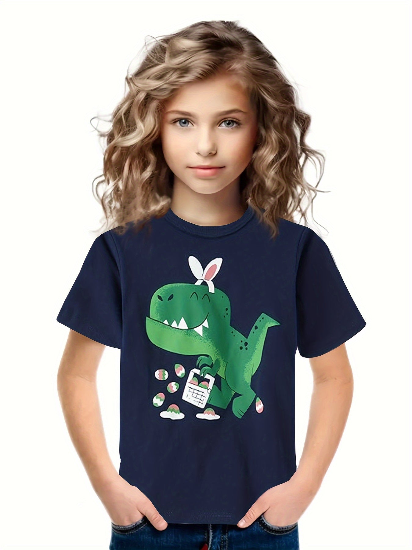 Breathable 3D Bunny Dino Print Short Sleeve T-shirt Girls Spring Summer Gift