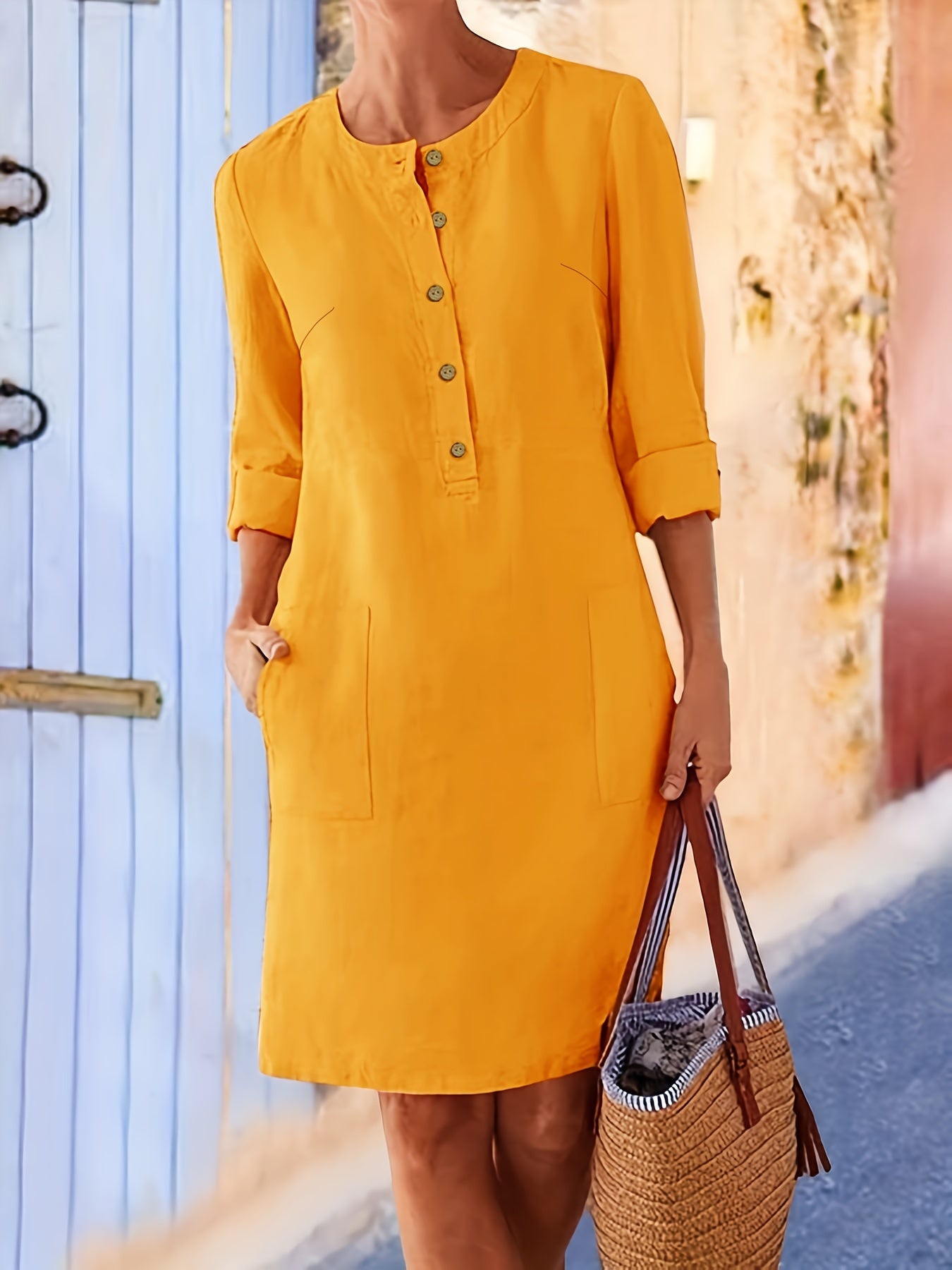  Solid Button Up Long Sleeve Dress With Pockets