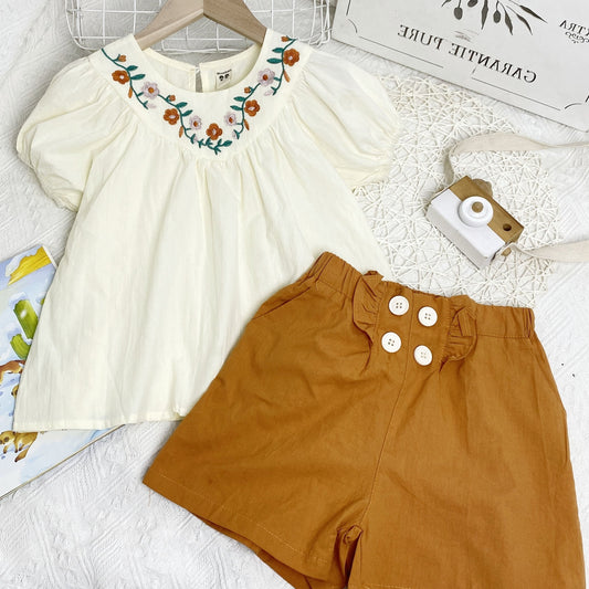Girls Puff Sleeve Flowers Embroidery Blouse Top & Button Ruffles Shorts