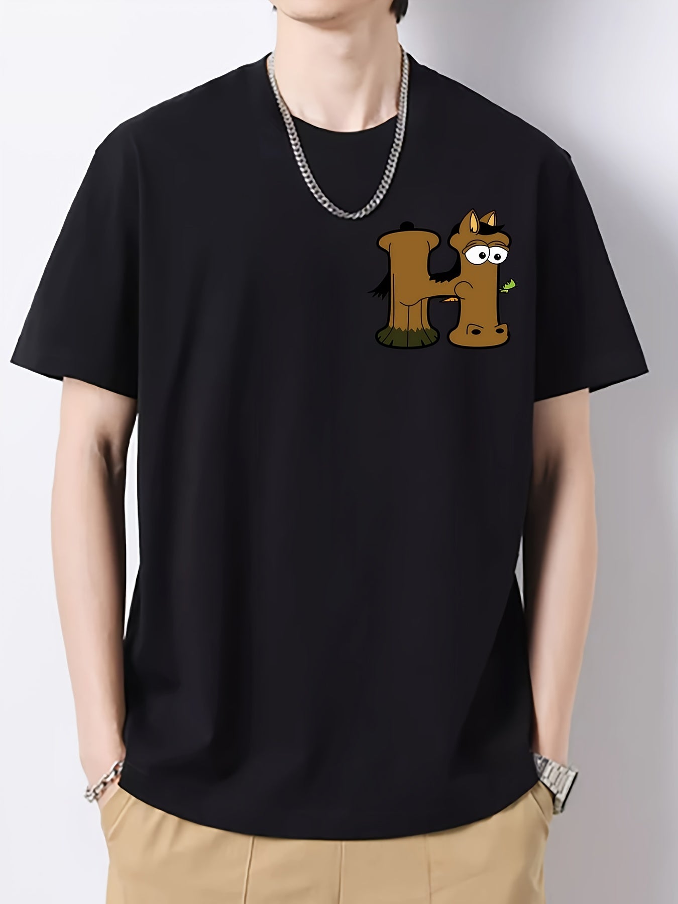 Horse & Tree Pattern Print Men's Cotton Crew Neck T shirt