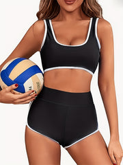 Sporty Bikini Set Plus Size Contrast Trim Scoop Neck Tank Bra & High Waisted Sho