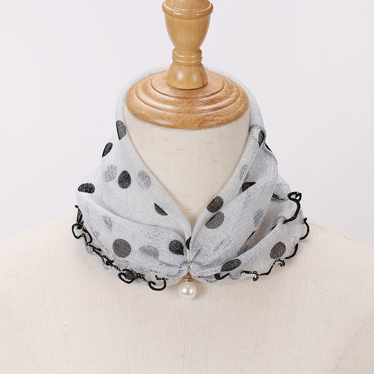 Ruffles Neck Gaiter Loop Scarf Faux Pearl Decor Warm Infinity Scarves