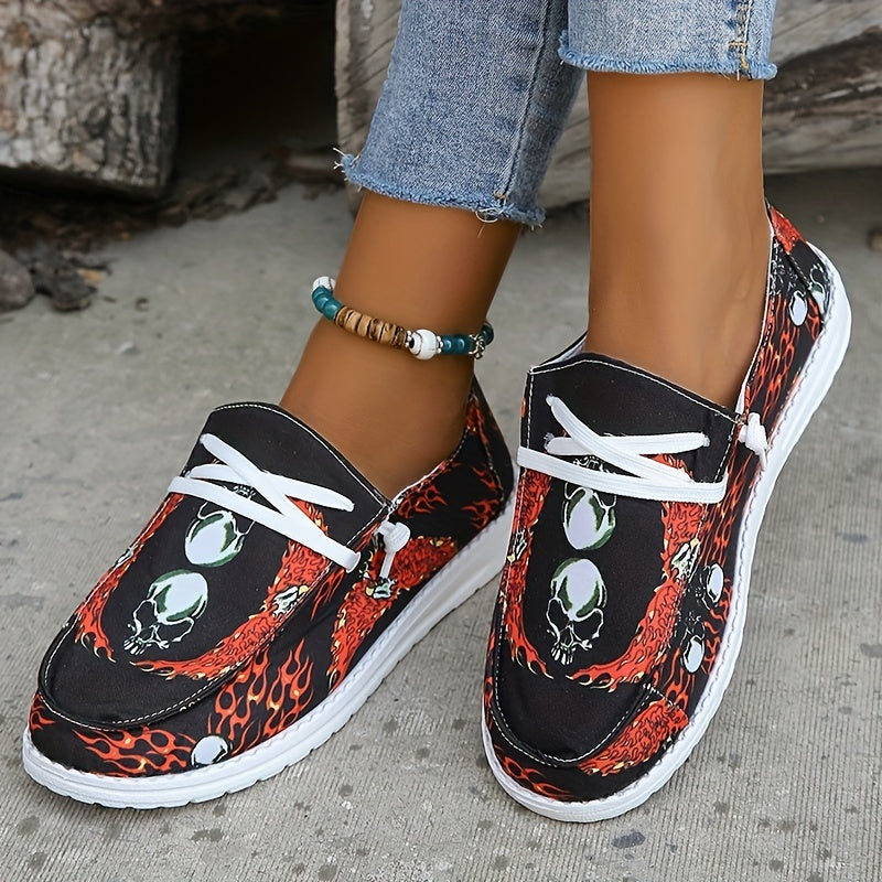 Women's Skull Pattern Canvas Shoes Lace Up Slip On Soft Sole Halloween Sneakers
