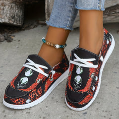 Women's Skull Pattern Canvas Shoes Lace Up Slip On Soft Sole Halloween Sneakers