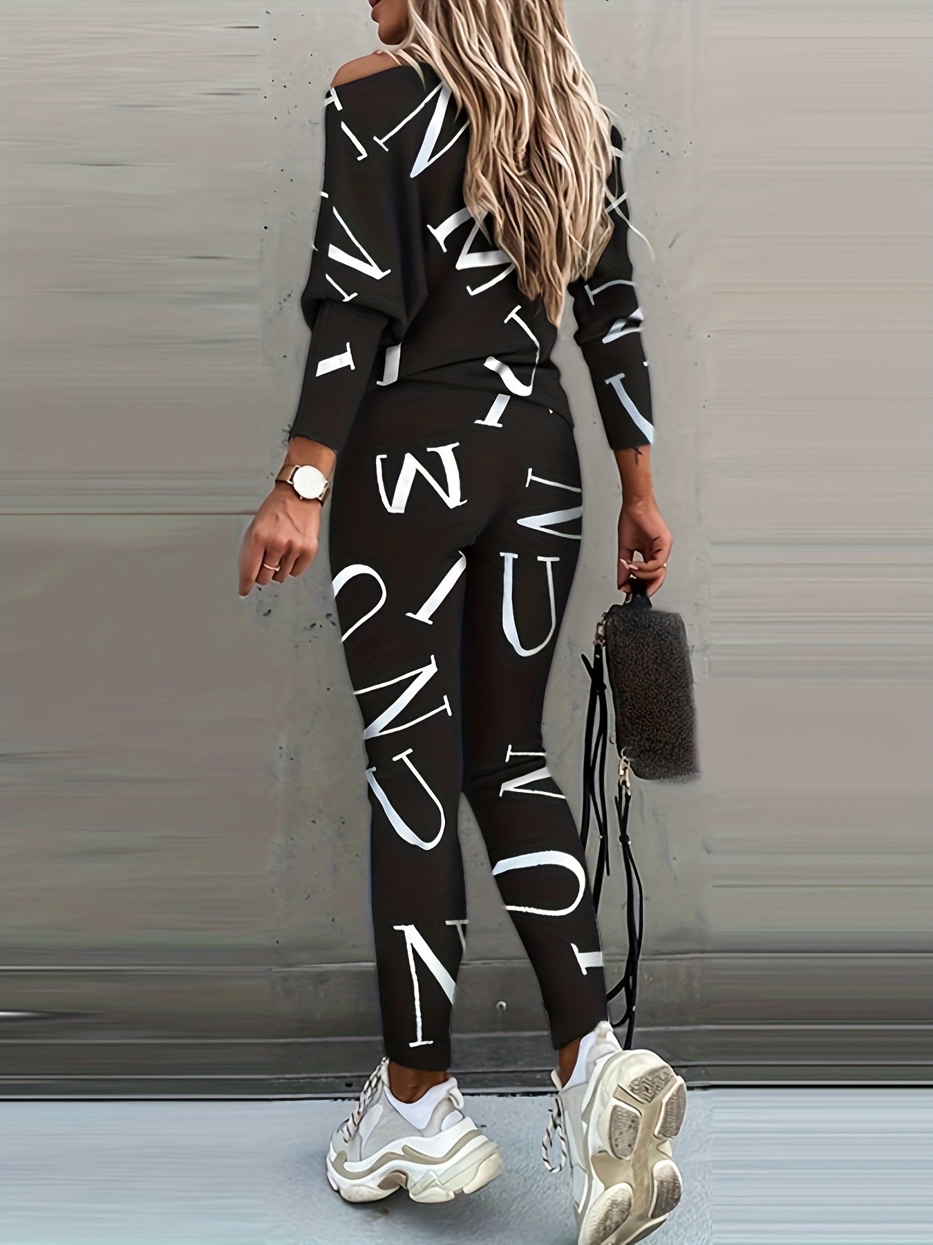 Casual Letter Print Two piece Set Crew Neck Long Sleeve Tops & Slim Pants