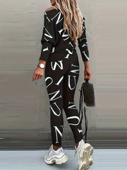 Casual Letter Print Two piece Set Crew Neck Long Sleeve Tops & Slim Pants