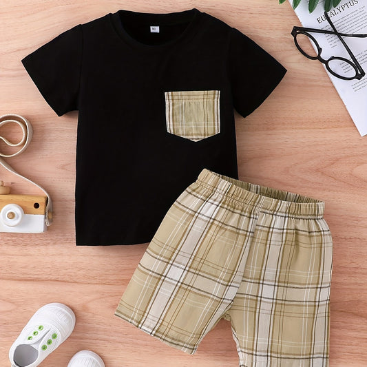 2pcs Baby Boys Casual T shirt & Plaid Shorts Set Clothes