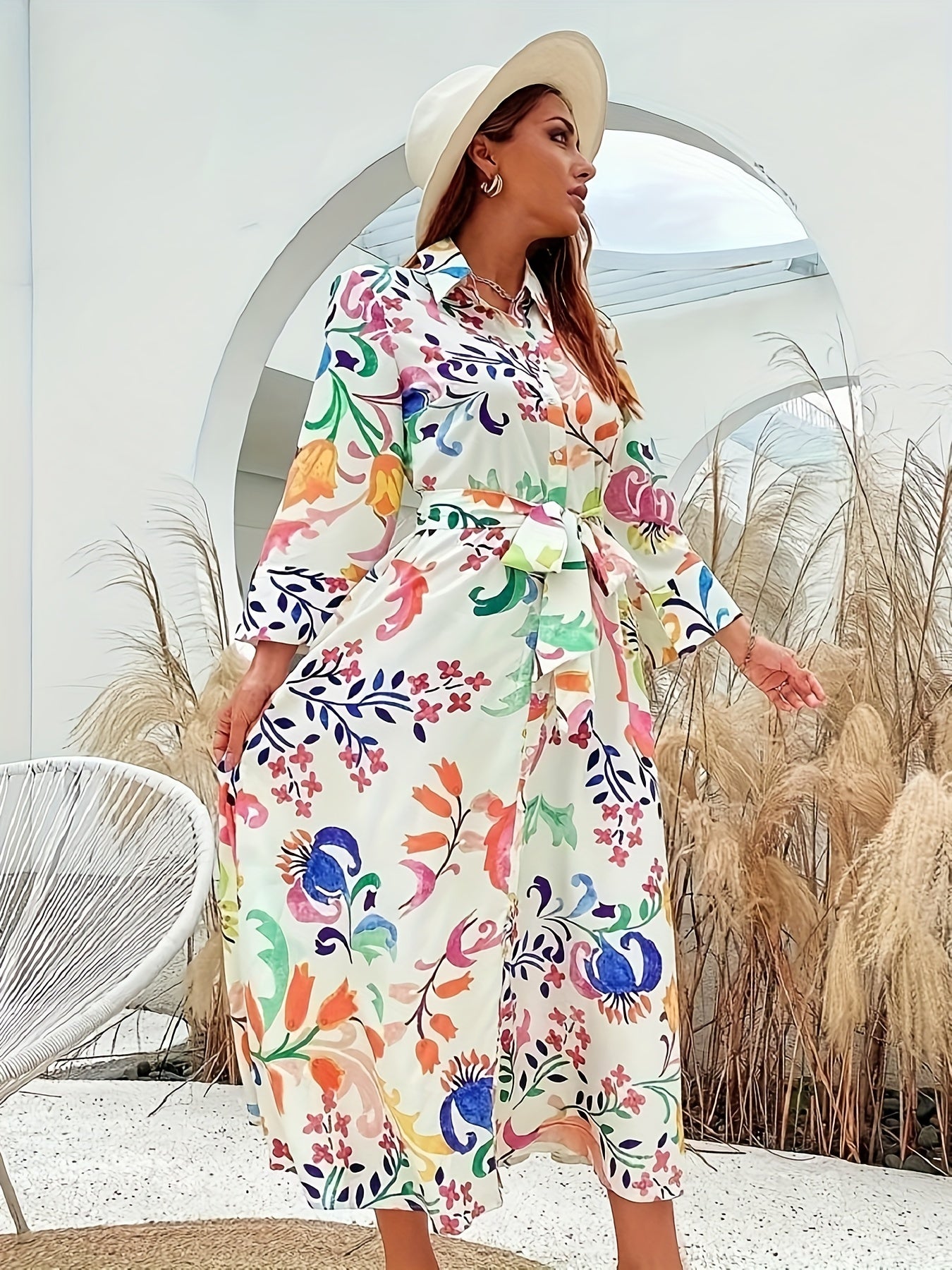  Floral Print Long Sleeve Shirt Dress With Belt