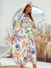  Floral Print Long Sleeve Shirt Dress With Belt