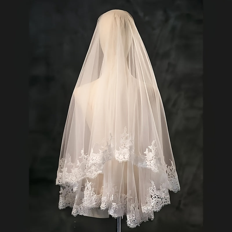 Bridal Veil with Embroidered Floral Tulle Overlay for Weddings