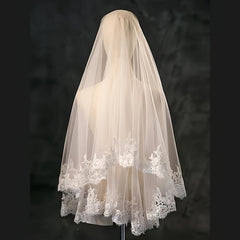 Bridal Veil with Embroidered Floral Tulle Overlay for Weddings