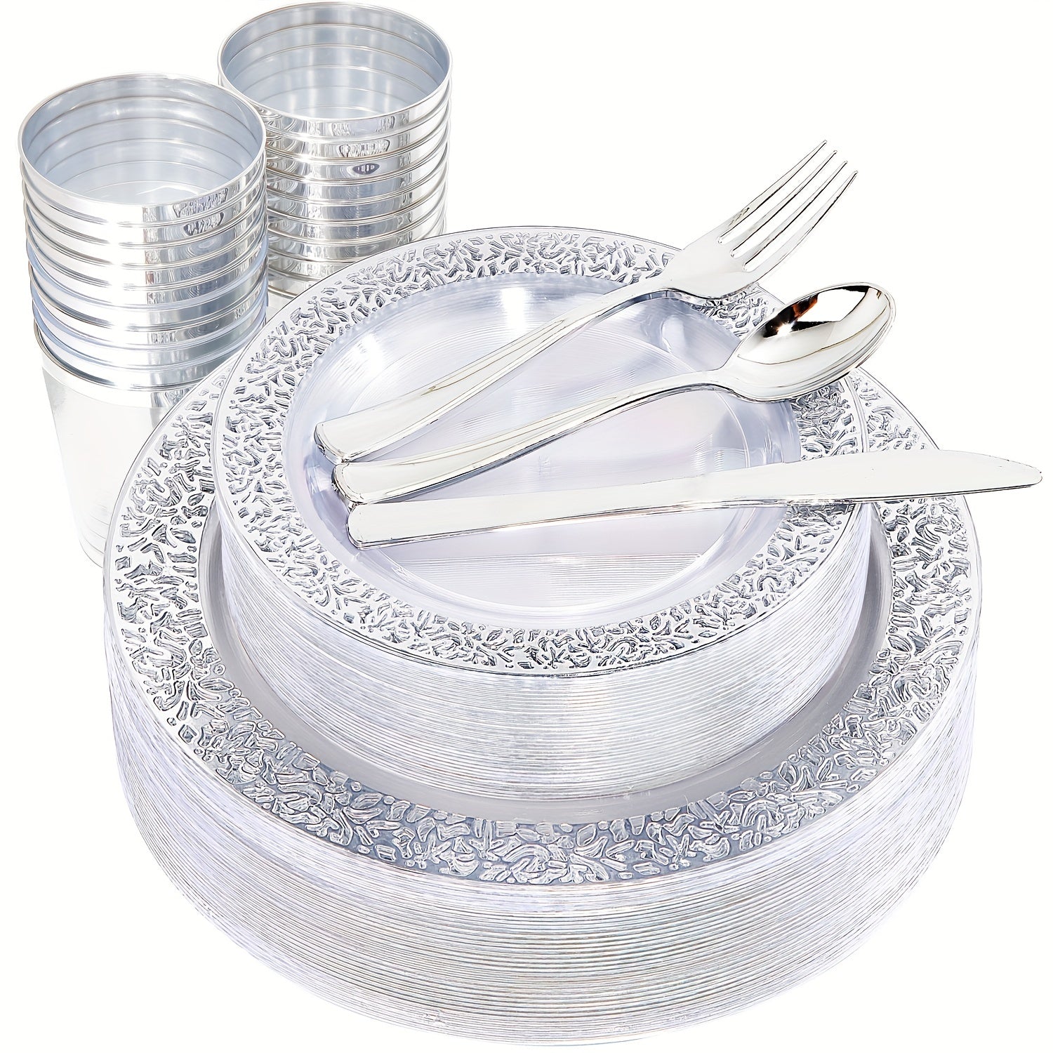 150 PCS Silvery Dinnerware Set - Plates, Silverware, Cups
