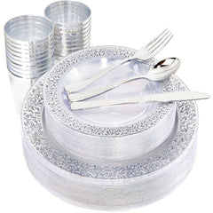 150 PCS Silvery Dinnerware Set - Plates, Silverware, Cups
