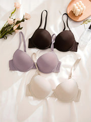 3pcs Solid T-Shirt Bras Comfy Push Up Bra Women's Lingerie