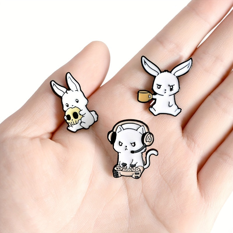 Rabbit Cat Enamel Pins Eating Skull Drink Play Games Cartoon Brooches