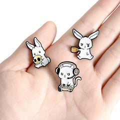 Rabbit Cat Enamel Pins Eating Skull Drink Play Games Cartoon Brooches