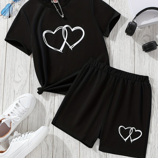 Girls 2pcs Love Heart Print Top & Shorts Set Summer
