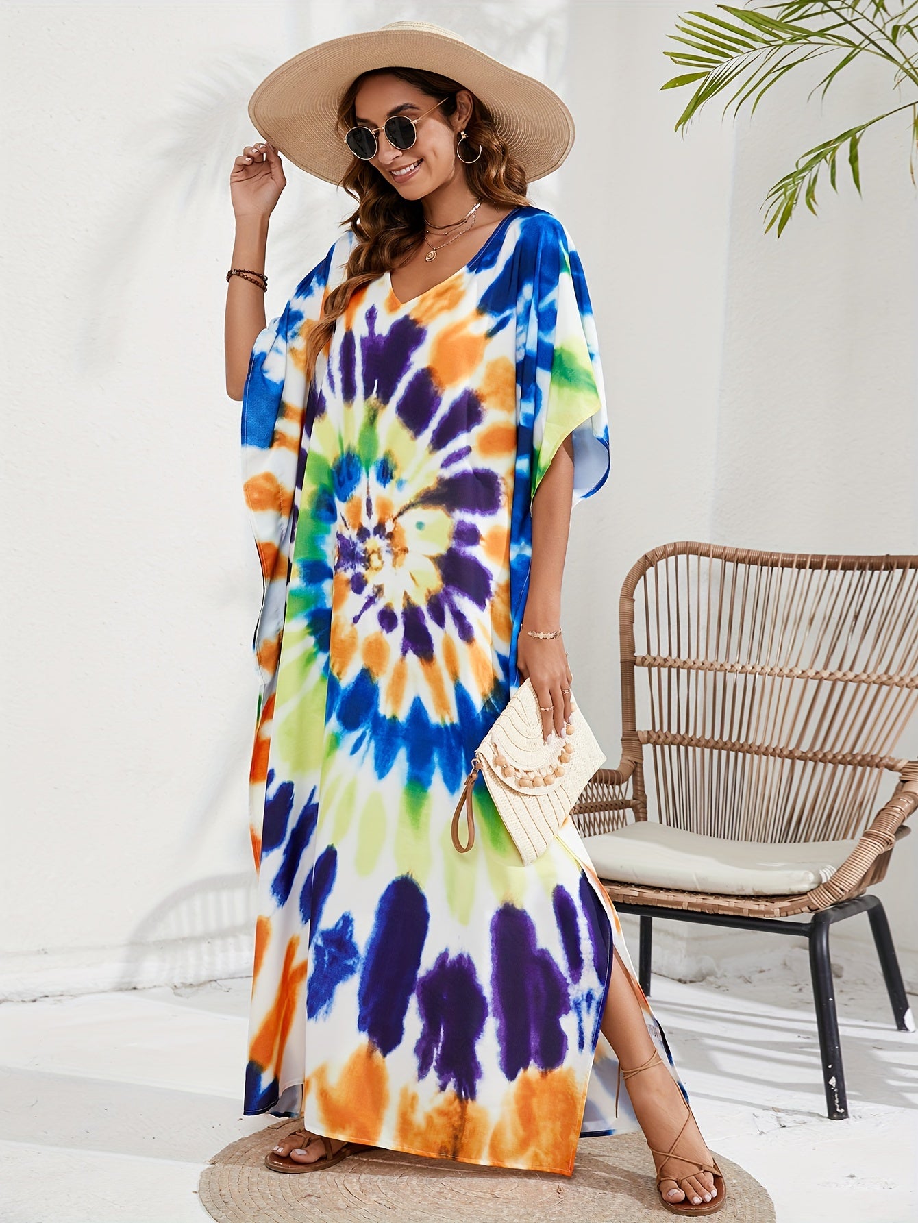  Boho Tie Dye Batwing Sleeve V Neck Kaftan Cover Up Dress