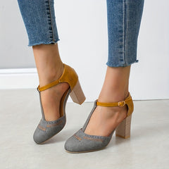 Women's Retro High Heels T-Strap Round Toe Block Heels Shoes