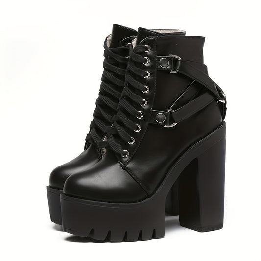 Women's Goth Chunky High Heeled Boots Lace Up Side Zipper Ankle Boots