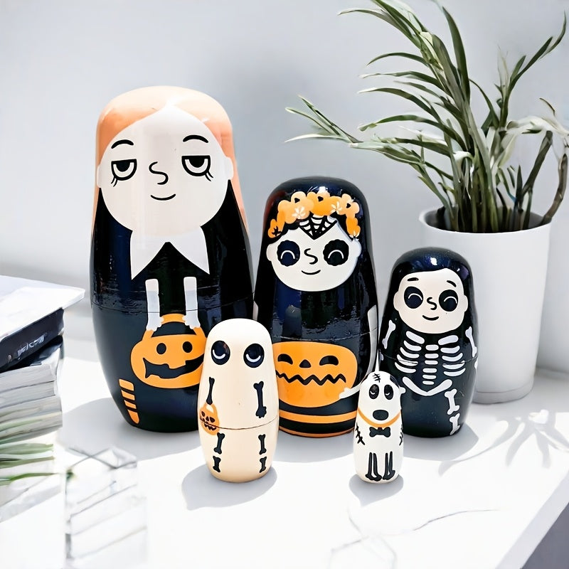 Handcrafted Wooden Nesting Dolls - Orange Halloween Figurine