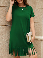  Solid Short Sleeve Casual Dress with Fringe Trim