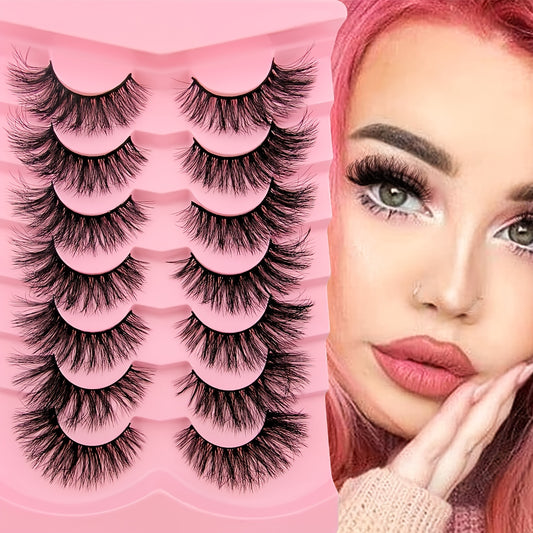 7 Pairs Fluffy Volumized Faux Mink Eyelashes - Cat Eye Look, 17mm