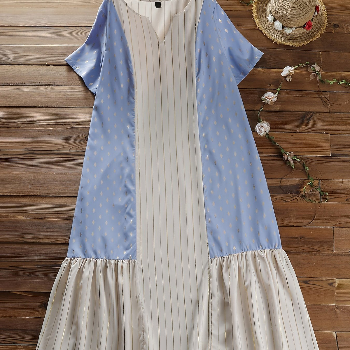  Boho Dress Women's Plus Graphic & Strip Short Sleeve Notched Neck Maxi