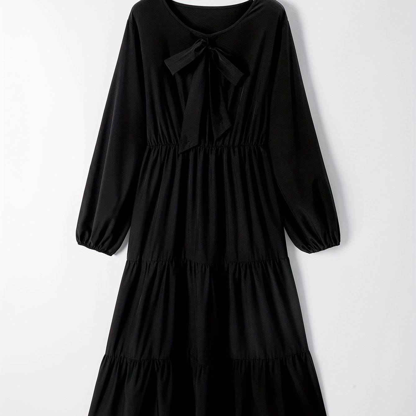  Solid Bow Knot Front Lantern Sleeve Round Neck Smock Maxi Dress