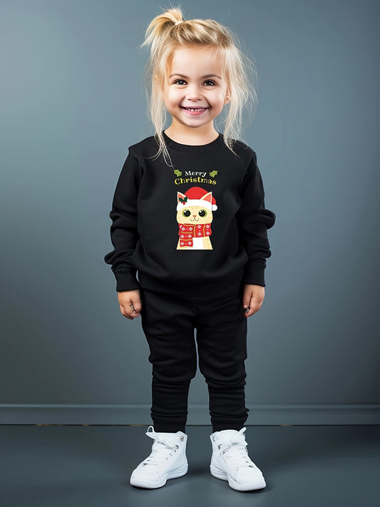 Girls 2pc Christmas Cat Crew Neck Sweatshirt Set