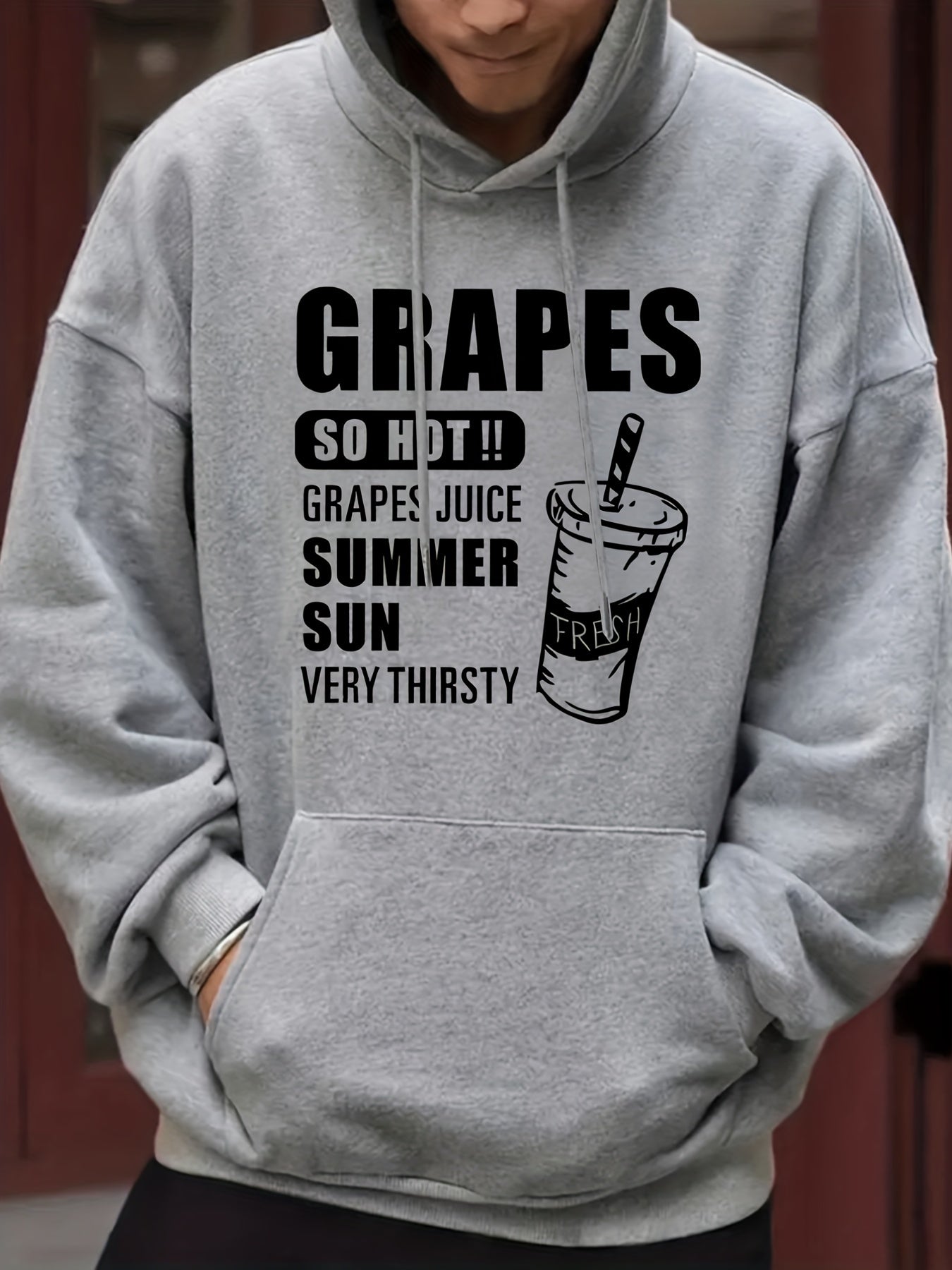 Grapes & Drinks Print Hoodie Men's Graphic Pullover Sweatshirt