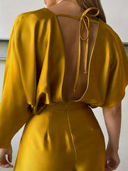  Sexy Jumpsuit Women's Plus Solid Satin Batwing Sleeve V Neck