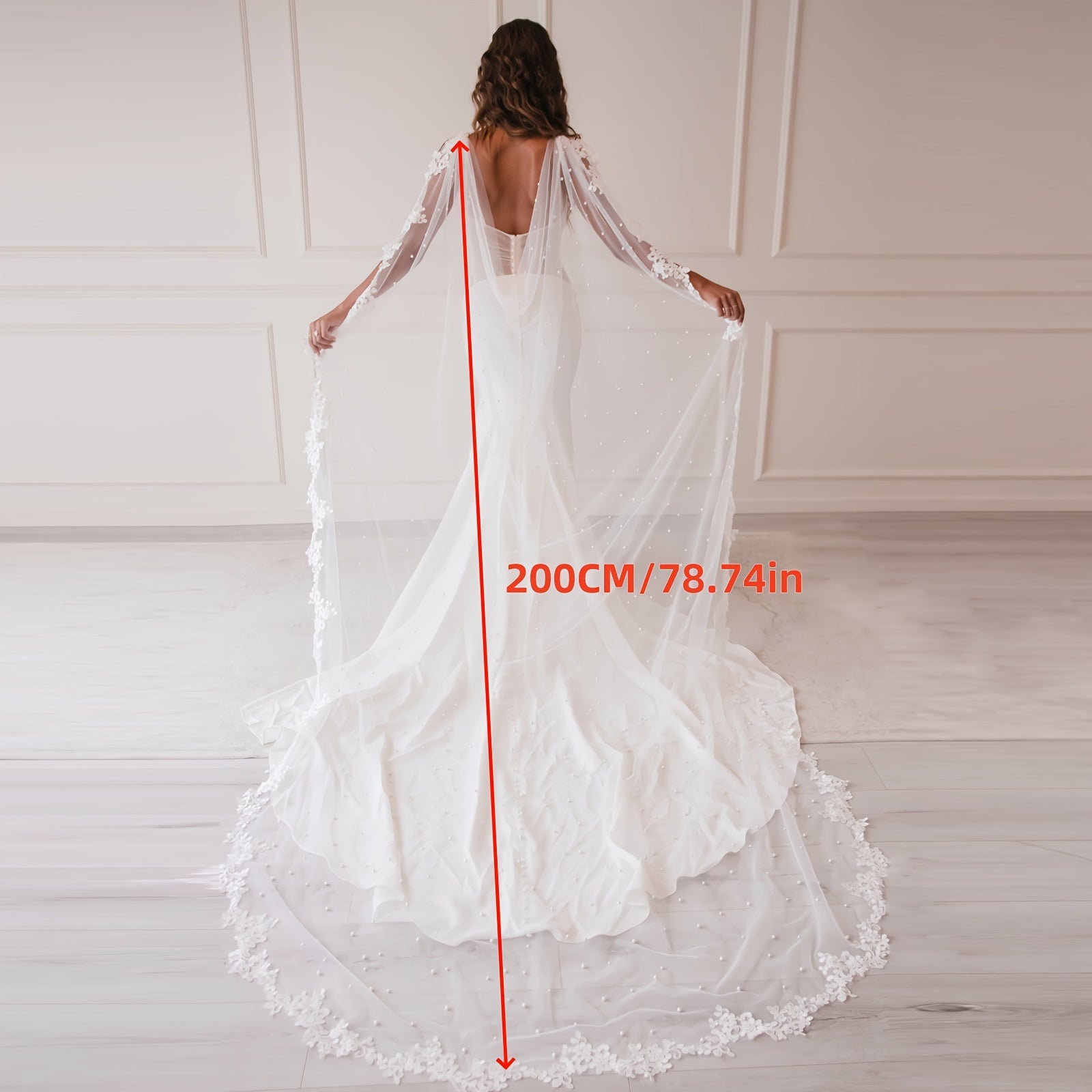 Glamorous Bridal Cape Veil with Pearl Beading and Floral Lace 2m Long Train