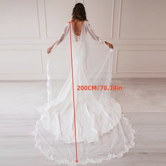 Glamorous Bridal Cape Veil with Pearl Beading and Floral Lace 2m Long Train
