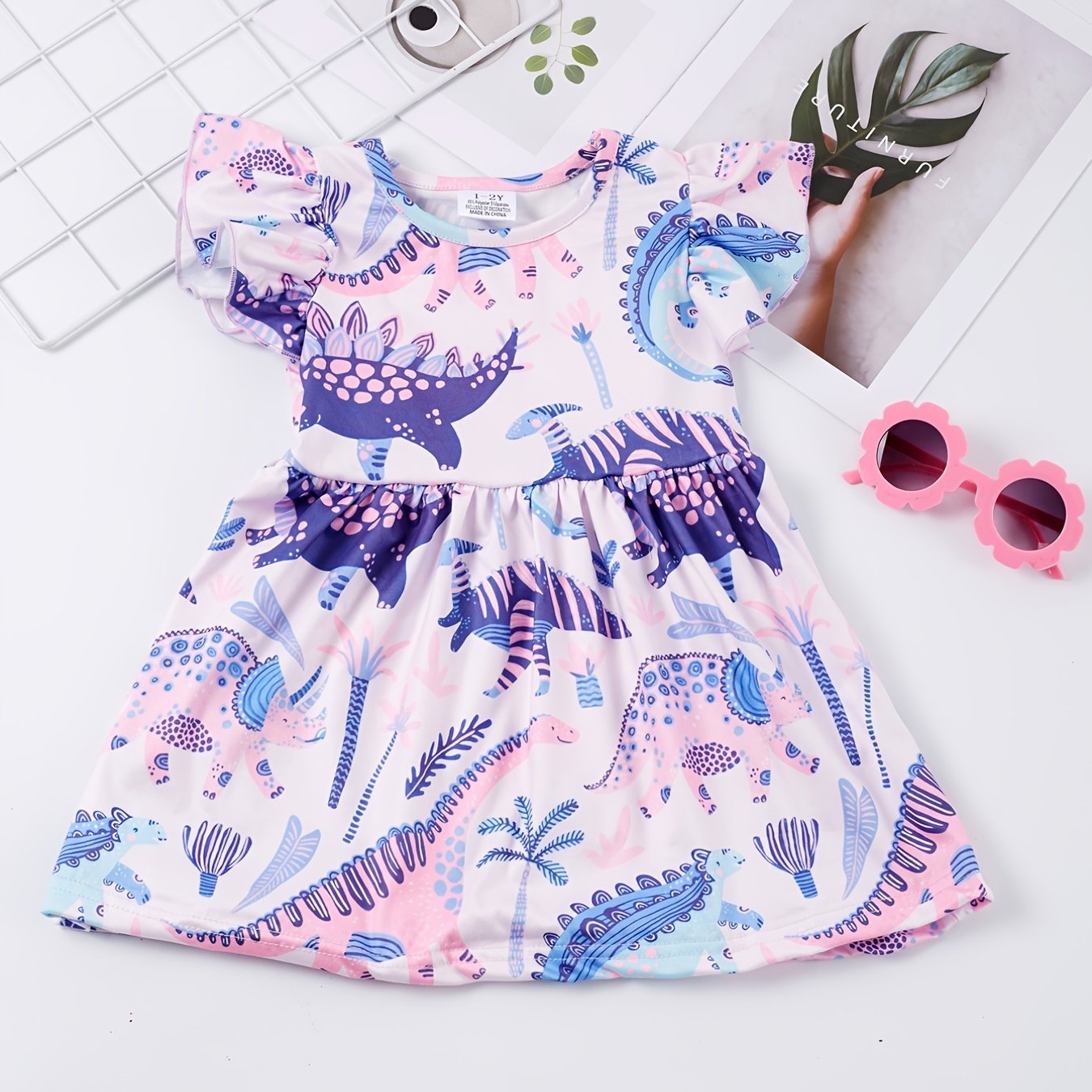 Girls Dinosaur Print Princess Dress Summer Clothes