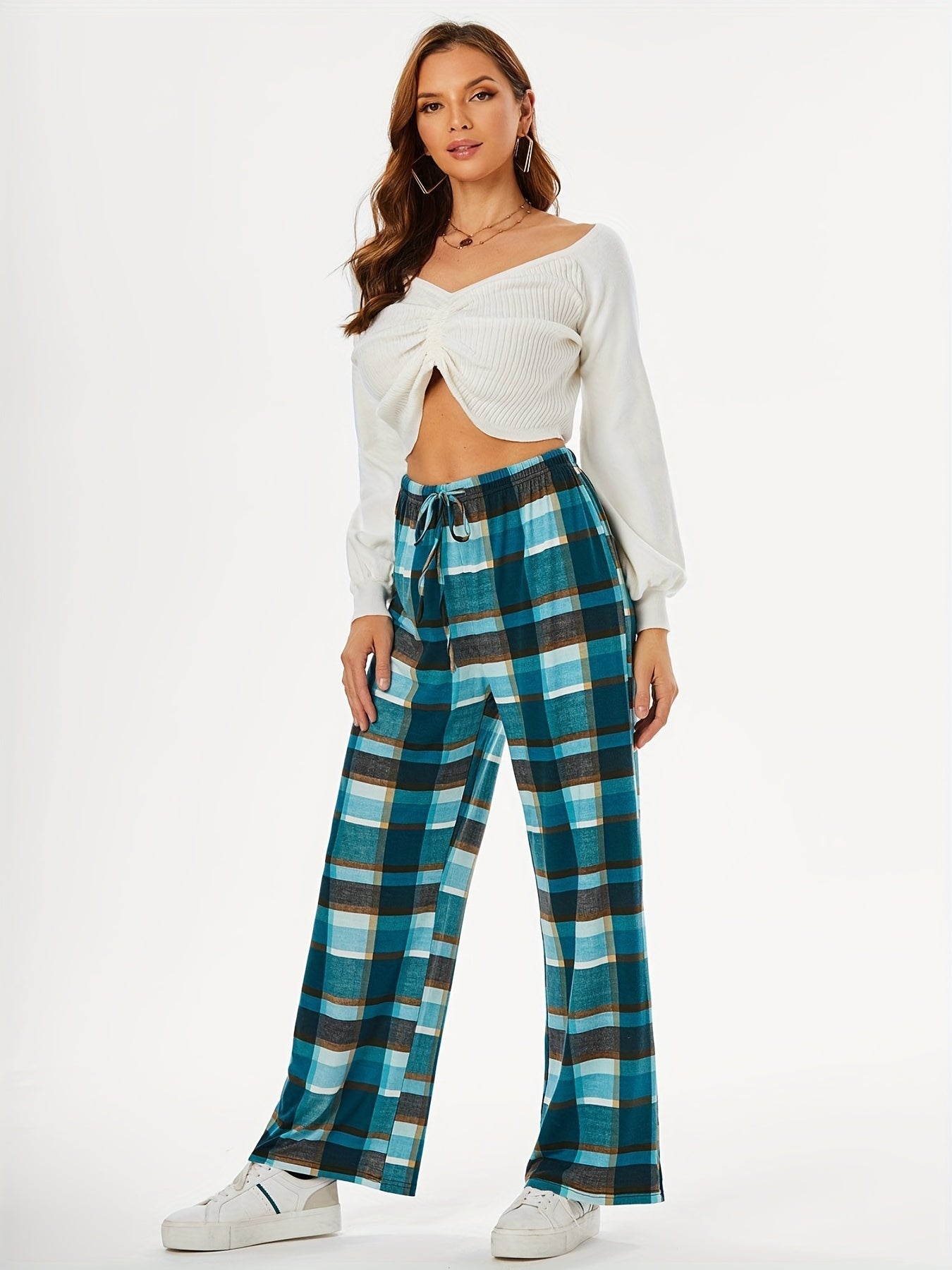  Plaid Print Straight Leg Comfy Pants