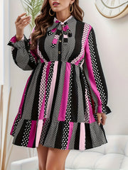  Colorblock Dot Print Lantern Sleeve Bow Knot Button Up Dress