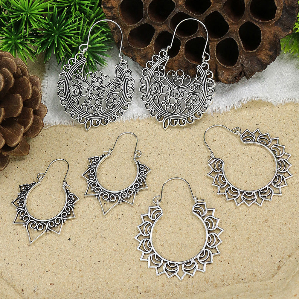 Vintage Ancient Silver U Shaped Earrings Women's Boho Hollow Dangle Earrings