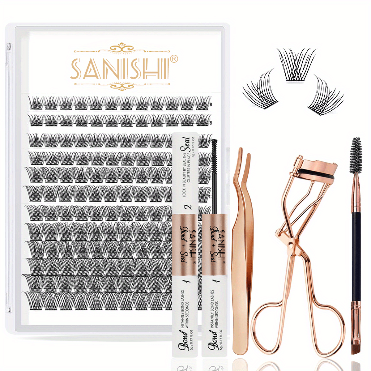 DIY Individual Lashes Kit 144 Pcs Clusters 10ml Bond Seal Brush Curler