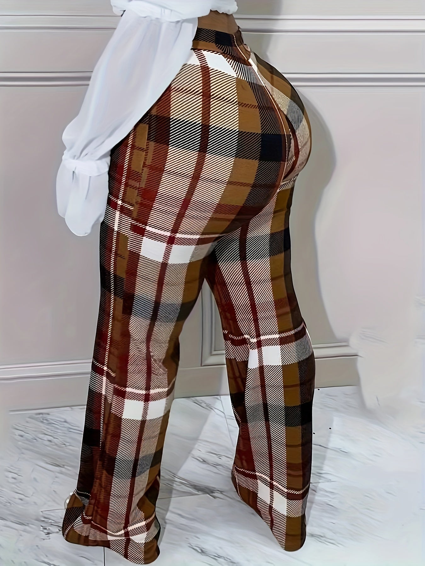  Plaid Print Drawstring Elastic High Rise Straight Leg Trousers