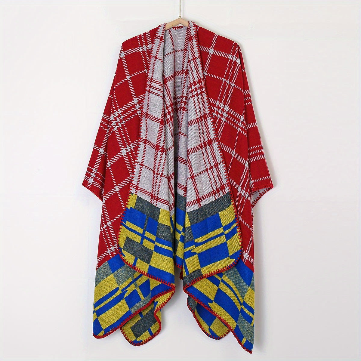 Geometric Plaid Jacquard Shawl Wrap Boho Cape